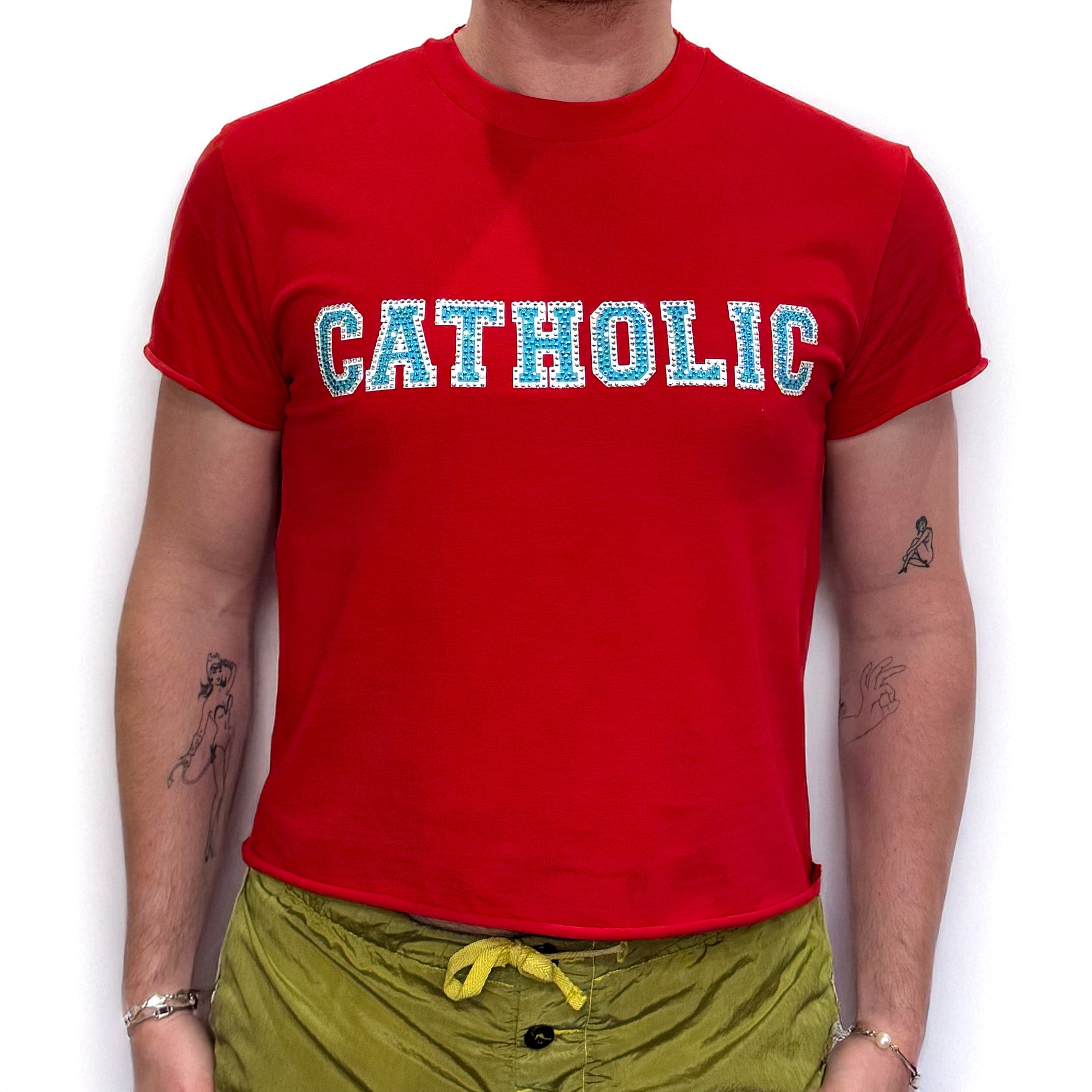 CATHOLIC Rhinestoned T-Shirt